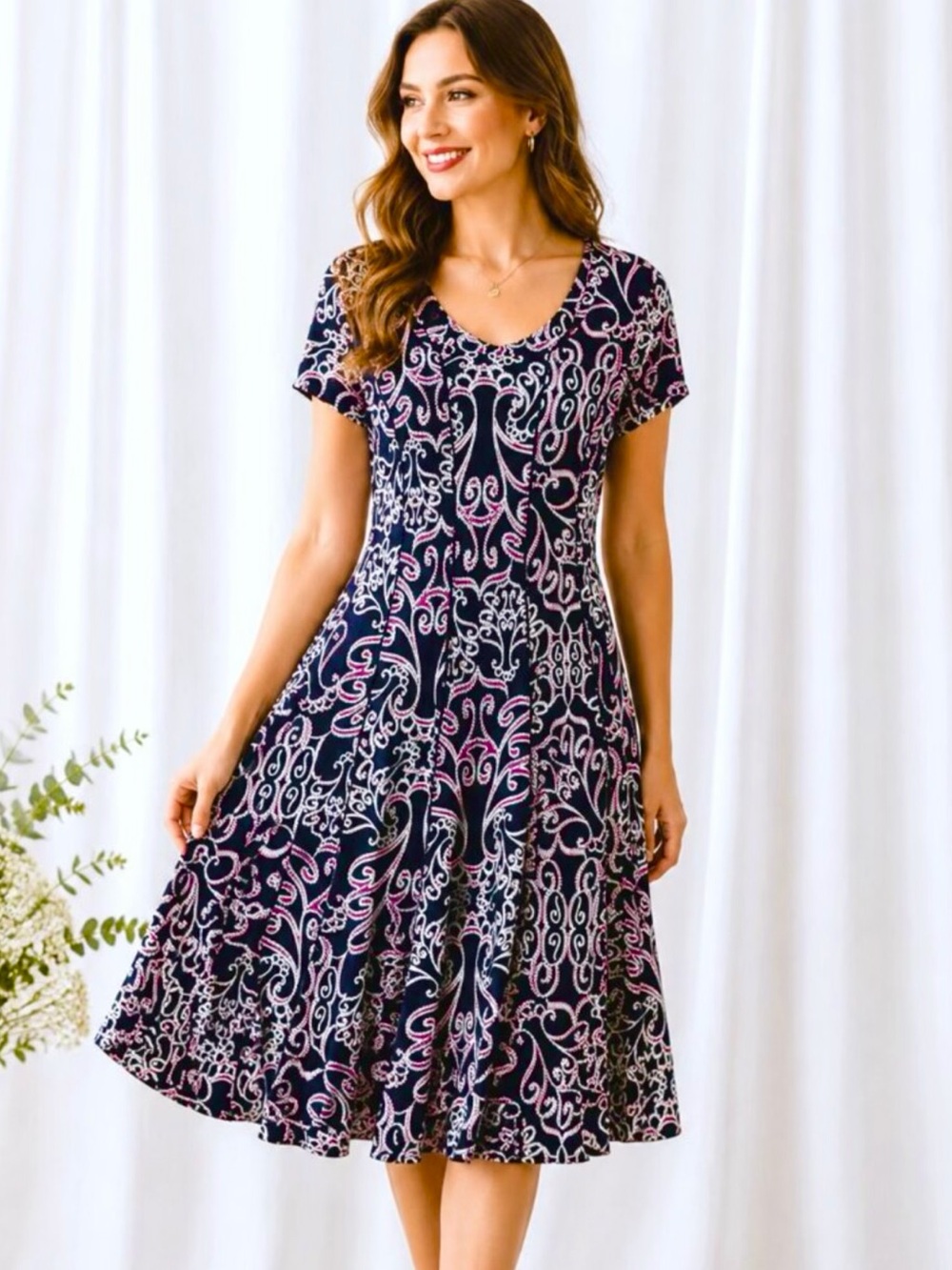 Cato Est 1946 NWT Navy Pink Scroll Print Fit & Flare Dress 1X Stretchy Midi plus